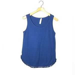 Allison Joy Blue Scoop Neck Sleeveless Shirt With Pom Pom Tassel Hem Small